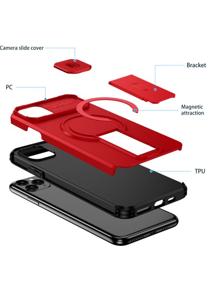 iPhone 11 Pro Max Için Manyetik Kılıf, Kayar Kamera Korumalı Çift Katmanlı Darbeye Dayanıklı Telefon Kılıfı, Ayarlanabilir Stand, Kırmızı (Yurt Dışından) fiyatları