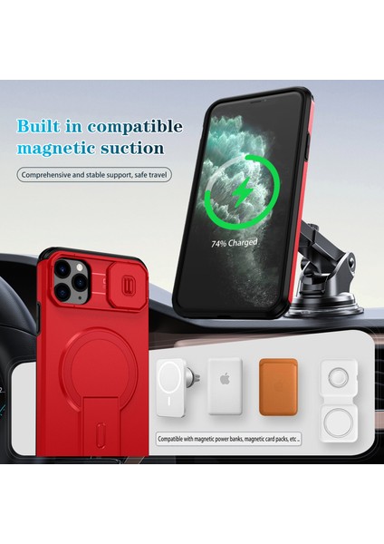iPhone 11 Pro Max Için Manyetik Kılıf, Kayar Kamera Korumalı Çift Katmanlı Darbeye Dayanıklı Telefon Kılıfı, Ayarlanabilir Stand, Kırmızı (Yurt Dışından) modelleri
