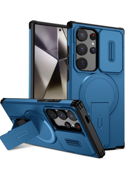 Samsung Galaxy S24 Ultra Için Manyetik Kılıf, Kayar Kamera Korumalı Çift Katmanlı Darbeye Dayanıklı Telefon Kılıfı, Ayarlanabilir Stand, Mavi (Yurt Dışından)