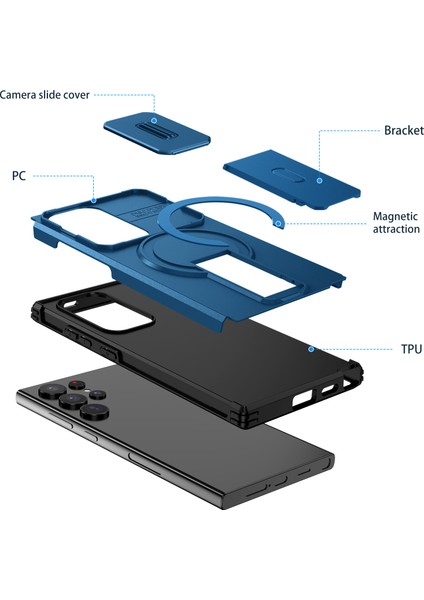 Samsung Galaxy S24 Ultra Için Manyetik Kılıf, Kayar Kamera Korumalı Çift Katmanlı Darbeye Dayanıklı Telefon Kılıfı, Ayarlanabilir Stand, Mavi (Yurt Dışından) fiyatları