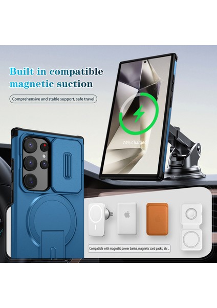 Samsung Galaxy S24 Ultra Için Manyetik Kılıf, Kayar Kamera Korumalı Çift Katmanlı Darbeye Dayanıklı Telefon Kılıfı, Ayarlanabilir Stand, Mavi (Yurt Dışından) modelleri