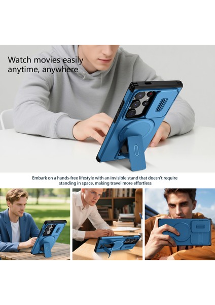 Samsung Galaxy S24 Ultra Için Manyetik Kılıf, Kayar Kamera Korumalı Çift Katmanlı Darbeye Dayanıklı Telefon Kılıfı, Ayarlanabilir Stand, Mavi (Yurt Dışından) indirimleri