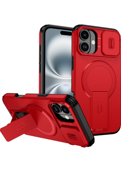iPhone 16 Plus Için Manyetik Kılıf, Kayar Kamera Korumalı Çift Katmanlı Darbeye Dayanıklı Telefon Kılıfı, Ayarlanabilir Stand, Kırmızı (Yurt Dışından)
