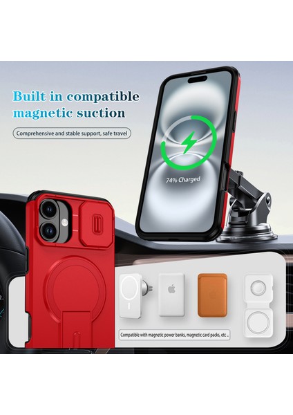 iPhone 16 Plus Için Manyetik Kılıf, Kayar Kamera Korumalı Çift Katmanlı Darbeye Dayanıklı Telefon Kılıfı, Ayarlanabilir Stand, Kırmızı (Yurt Dışından) modelleri