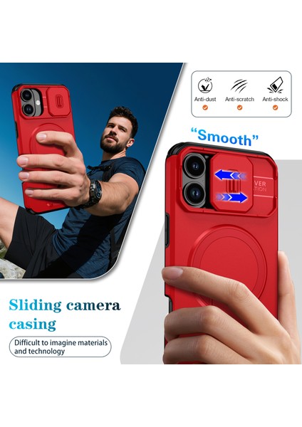 iPhone 16 Plus Için Manyetik Kılıf, Kayar Kamera Korumalı Çift Katmanlı Darbeye Dayanıklı Telefon Kılıfı, Ayarlanabilir Stand, Kırmızı (Yurt Dışından) fırsatları