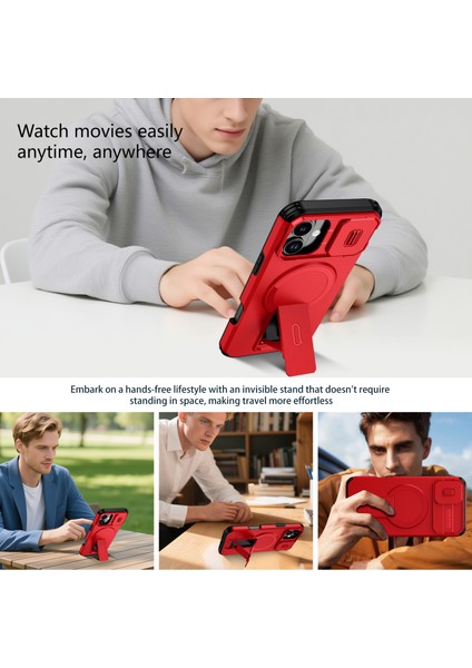 iPhone 16 Plus Için Manyetik Kılıf, Kayar Kamera Korumalı Çift Katmanlı Darbeye Dayanıklı Telefon Kılıfı, Ayarlanabilir Stand, Kırmızı (Yurt Dışından) indirimleri
