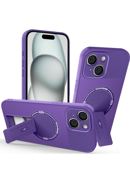 iPhone 13 Için Manyetik Kılıf, Karbon Fiber Tasarım, Standlı Tpu Hibrit Telefon Kılıfı, Mor (Yurt Dışından)