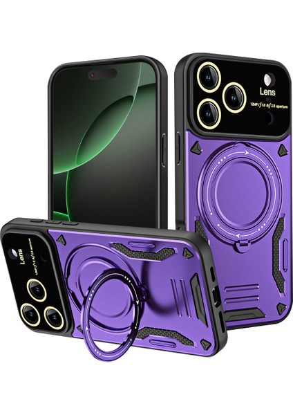 iPhone 17 Pro Için Armor Telefon Kılıfı Çift Katmanlı Manyetik Halka Tutucu Stand Magsafe Kılıf Mor (Yurt Dışından)