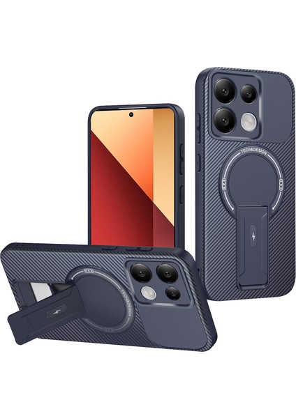 Xiaomi Redmi Note 13 4g Için Manyetik Kılıf, Standlı Karbon Fiber Tasarımlı Tpu Hibrit Telefon Kılıfı, Mavi (Yurt Dışından)