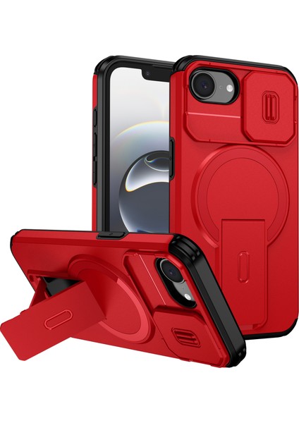 iPhone 16E Için Manyetik Kılıf, Kayar Kamera Korumalı Çift Katmanlı Darbeye Dayanıklı Telefon Kılıfı, Ayarlanabilir Stand, Kırmızı (Yurt Dışından)