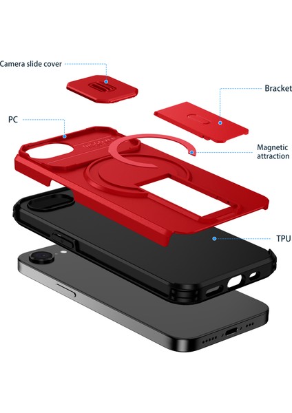 iPhone 16E Için Manyetik Kılıf, Kayar Kamera Korumalı Çift Katmanlı Darbeye Dayanıklı Telefon Kılıfı, Ayarlanabilir Stand, Kırmızı (Yurt Dışından) fiyatları