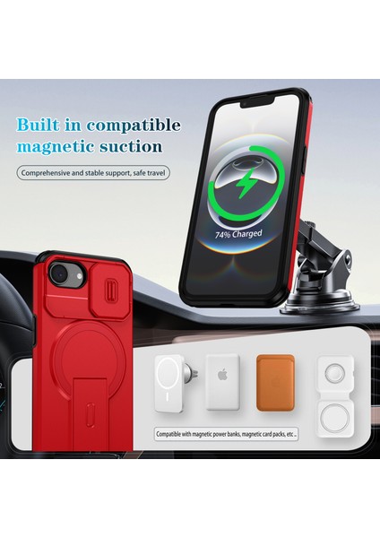 iPhone 16E Için Manyetik Kılıf, Kayar Kamera Korumalı Çift Katmanlı Darbeye Dayanıklı Telefon Kılıfı, Ayarlanabilir Stand, Kırmızı (Yurt Dışından) modelleri