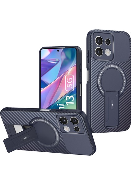Xiaomi Redmi Note 13 5g Için Manyetik Kılıf, Standlı Karbon Fiber Tasarımlı Tpu Hibrit Telefon Kılıfı, Mavi (Yurt Dışından)