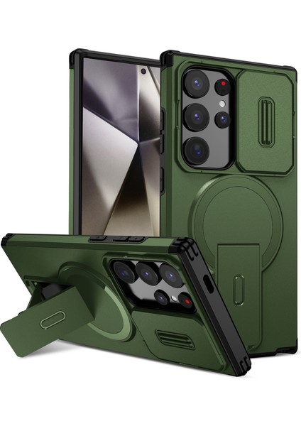 Samsung Galaxy S24 Ultra Için Manyetik Kılıf, Kayar Kamera Korumalı Çift Katmanlı Darbeye Dayanıklı Telefon Kılıfı, Ayarlanabilir Stand, Yeşil (Yurt Dışından)