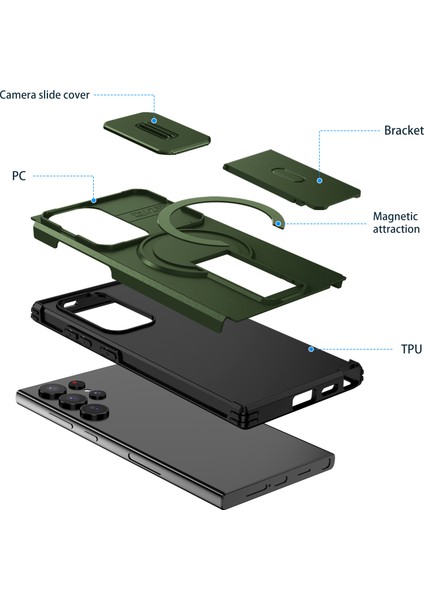Samsung Galaxy S24 Ultra Için Manyetik Kılıf, Kayar Kamera Korumalı Çift Katmanlı Darbeye Dayanıklı Telefon Kılıfı, Ayarlanabilir Stand, Yeşil (Yurt Dışından) fiyatları
