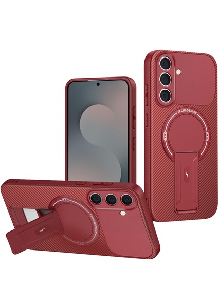 Samsung Galaxy S25 Fe Için Manyetik Kılıf, Standlı Karbon Fiber Tasarımlı Tpu Hibrit Telefon Kılıfı, Kırmızı (Yurt Dışından)