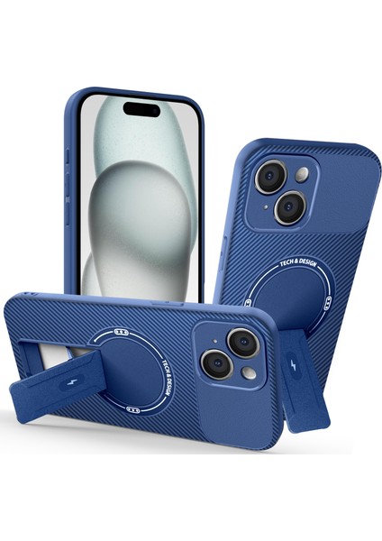 iPhone 14 Plus Için Manyetik Kılıf, Karbon Fiber Tasarım, Standlı Tpu Hibrit Telefon Kılıfı, Mavi (Yurt Dışından)