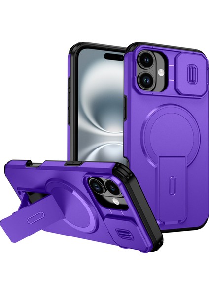 iPhone 16 Plus Için Manyetik Kılıf, Kayar Kamera Korumalı Çift Katmanlı Darbeye Dayanıklı Telefon Kılıfı, Ayarlanabilir Stand, Mor (Yurt Dışından)