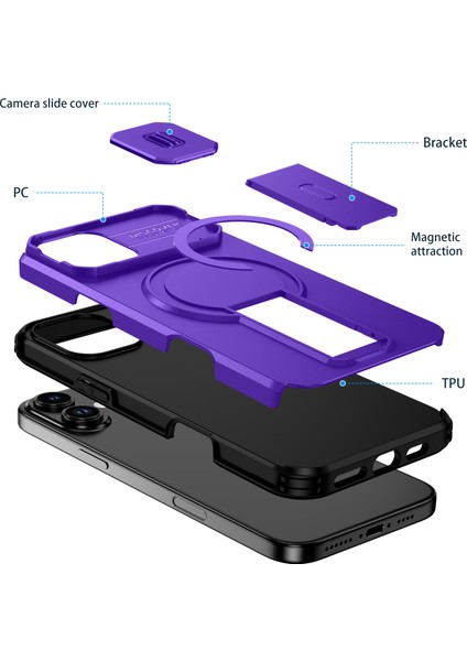 iPhone 16 Plus Için Manyetik Kılıf, Kayar Kamera Korumalı Çift Katmanlı Darbeye Dayanıklı Telefon Kılıfı, Ayarlanabilir Stand, Mor (Yurt Dışından) fiyatları