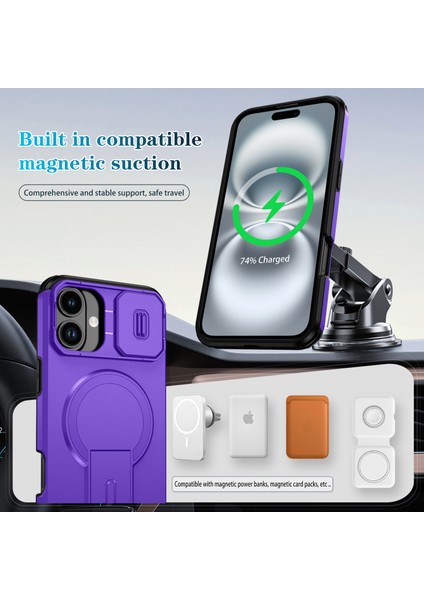 iPhone 16 Plus Için Manyetik Kılıf, Kayar Kamera Korumalı Çift Katmanlı Darbeye Dayanıklı Telefon Kılıfı, Ayarlanabilir Stand, Mor (Yurt Dışından) modelleri