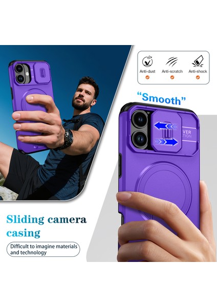 iPhone 16 Plus Için Manyetik Kılıf, Kayar Kamera Korumalı Çift Katmanlı Darbeye Dayanıklı Telefon Kılıfı, Ayarlanabilir Stand, Mor (Yurt Dışından) fırsatları