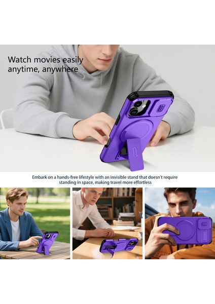 iPhone 16 Plus Için Manyetik Kılıf, Kayar Kamera Korumalı Çift Katmanlı Darbeye Dayanıklı Telefon Kılıfı, Ayarlanabilir Stand, Mor (Yurt Dışından) indirimleri