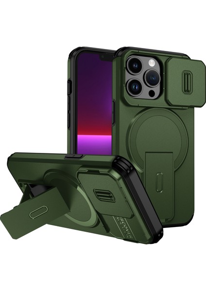 iPhone 13 Pro Için Manyetik Kılıf, Kayar Kamera Korumalı Çift Katmanlı Darbeye Dayanıklı Telefon Kılıfı, Ayarlanabilir Stand, Yeşil (Yurt Dışından)