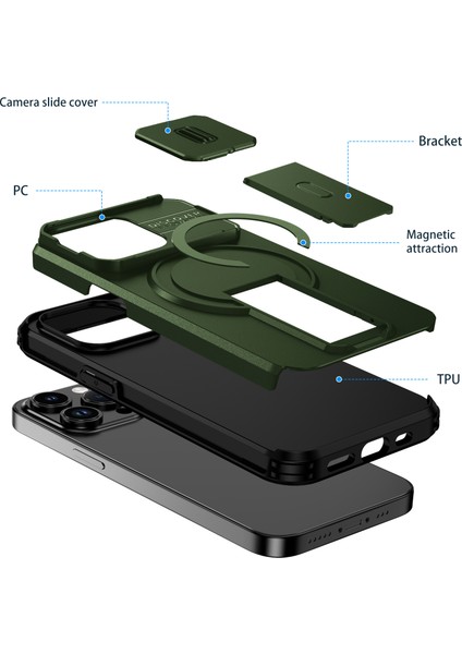 iPhone 13 Pro Için Manyetik Kılıf, Kayar Kamera Korumalı Çift Katmanlı Darbeye Dayanıklı Telefon Kılıfı, Ayarlanabilir Stand, Yeşil (Yurt Dışından) fiyatları