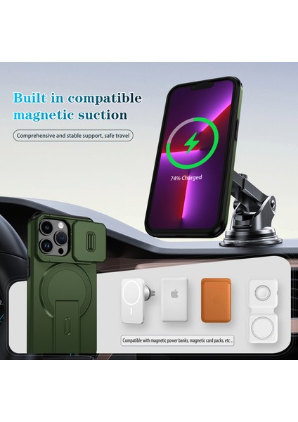 iPhone 13 Pro Için Manyetik Kılıf, Kayar Kamera Korumalı Çift Katmanlı Darbeye Dayanıklı Telefon Kılıfı, Ayarlanabilir Stand, Yeşil (Yurt Dışından) modelleri