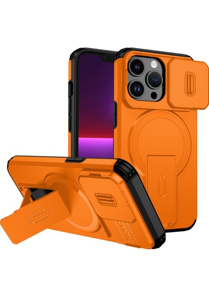 iPhone 13 Pro Için Manyetik Kılıf, Kayar Kamera Korumalı Çift Katmanlı Darbeye Dayanıklı Telefon Kılıfı, Ayarlanabilir Stand, Turuncu (Yurt Dışından)