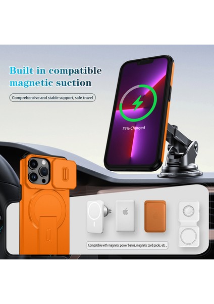 iPhone 13 Pro Için Manyetik Kılıf, Kayar Kamera Korumalı Çift Katmanlı Darbeye Dayanıklı Telefon Kılıfı, Ayarlanabilir Stand, Turuncu (Yurt Dışından) modelleri