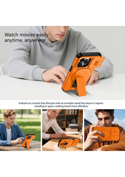 iPhone 13 Pro Için Manyetik Kılıf, Kayar Kamera Korumalı Çift Katmanlı Darbeye Dayanıklı Telefon Kılıfı, Ayarlanabilir Stand, Turuncu (Yurt Dışından) indirimleri