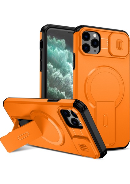 iPhone 11 Pro Max Için Manyetik Kılıf, Kayar Kamera Korumalı Çift Katmanlı Darbeye Dayanıklı Telefon Kılıfı, Ayarlanabilir Stand, Turuncu (Yurt Dışından)