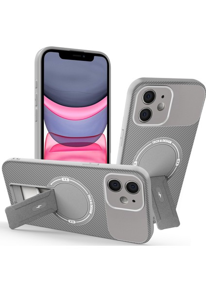 iPhone 11 Için Manyetik Kılıf, Karbon Fiber Tasarım, Standlı Tpu Hibrit Telefon Kılıfı, Gri (Yurt Dışından)