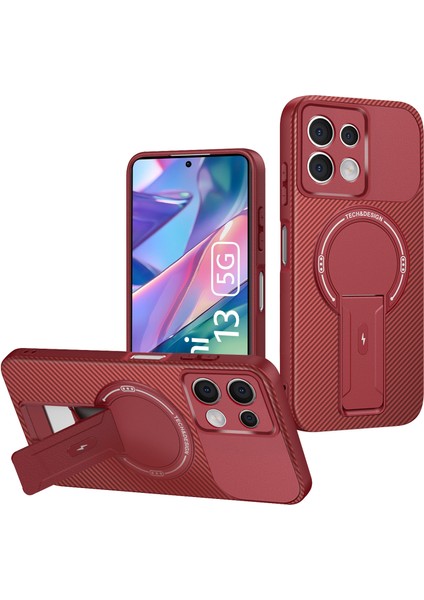 Xiaomi Redmi Note 13 Pro 5g/poco X6 Için Manyetik Kılıf, Standlı Karbon Fiber Tasarımlı Tpu Hibrit Telefon Kılıfı, Kırmızı (Yurt Dışından)