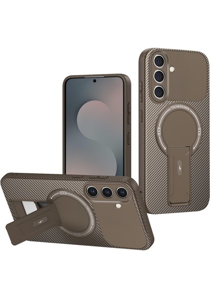 Samsung Galaxy S25 Fe Için Manyetik Kılıf, Standlı Karbon Fiber Tasarımlı Tpu Hibrit Telefon Kılıfı, Kahverengi (Yurt Dışından)