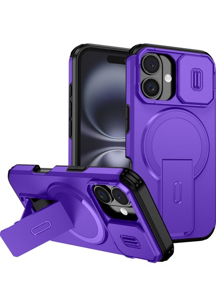 iPhone 16 Için Manyetik Kılıf, Kayar Kamera Korumalı Çift Katmanlı Darbeye Dayanıklı Telefon Kılıfı, Ayarlanabilir Stand, Mor (Yurt Dışından)