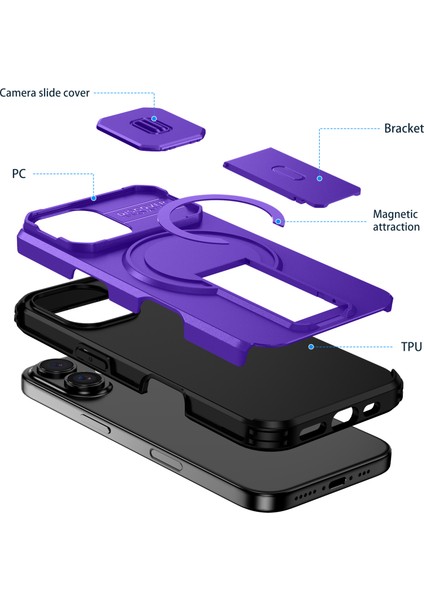iPhone 16 Için Manyetik Kılıf, Kayar Kamera Korumalı Çift Katmanlı Darbeye Dayanıklı Telefon Kılıfı, Ayarlanabilir Stand, Mor (Yurt Dışından) fiyatları