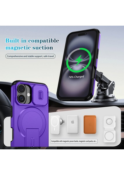 iPhone 16 Için Manyetik Kılıf, Kayar Kamera Korumalı Çift Katmanlı Darbeye Dayanıklı Telefon Kılıfı, Ayarlanabilir Stand, Mor (Yurt Dışından) modelleri