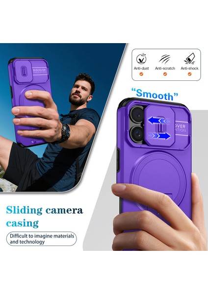 iPhone 16 Için Manyetik Kılıf, Kayar Kamera Korumalı Çift Katmanlı Darbeye Dayanıklı Telefon Kılıfı, Ayarlanabilir Stand, Mor (Yurt Dışından) fırsatları