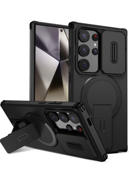 Samsung Galaxy S24 Ultra Için Manyetik Kılıf, Kayar Kamera Korumalı Çift Katmanlı Darbeye Dayanıklı Telefon Kılıfı, Ayarlanabilir Stand, Siyah (Yurt Dışından)
