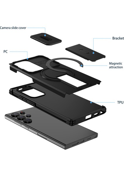 Samsung Galaxy S24 Ultra Için Manyetik Kılıf, Kayar Kamera Korumalı Çift Katmanlı Darbeye Dayanıklı Telefon Kılıfı, Ayarlanabilir Stand, Siyah (Yurt Dışından) fiyatları