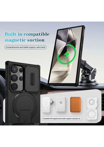Samsung Galaxy S24 Ultra Için Manyetik Kılıf, Kayar Kamera Korumalı Çift Katmanlı Darbeye Dayanıklı Telefon Kılıfı, Ayarlanabilir Stand, Siyah (Yurt Dışından) modelleri