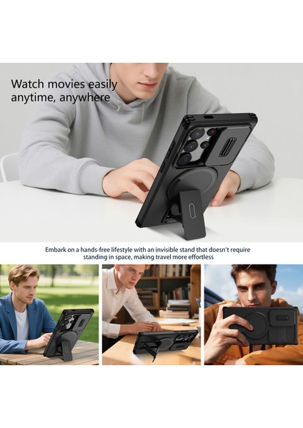 Samsung Galaxy S24 Ultra Için Manyetik Kılıf, Kayar Kamera Korumalı Çift Katmanlı Darbeye Dayanıklı Telefon Kılıfı, Ayarlanabilir Stand, Siyah (Yurt Dışından) indirimleri
