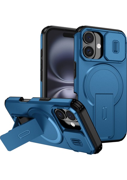 iPhone 16 Için Manyetik Kılıf, Kayar Kamera Korumalı Çift Katmanlı Darbeye Dayanıklı Telefon Kılıfı, Ayarlanabilir Stand, Mavi (Yurt Dışından)
