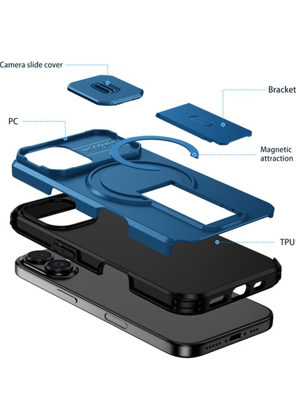 iPhone 16 Için Manyetik Kılıf, Kayar Kamera Korumalı Çift Katmanlı Darbeye Dayanıklı Telefon Kılıfı, Ayarlanabilir Stand, Mavi (Yurt Dışından) fiyatları