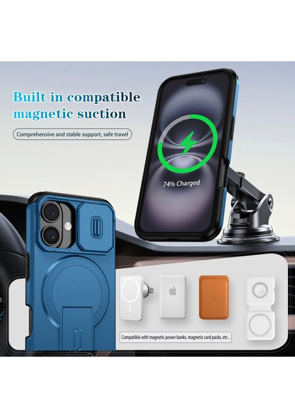 iPhone 16 Için Manyetik Kılıf, Kayar Kamera Korumalı Çift Katmanlı Darbeye Dayanıklı Telefon Kılıfı, Ayarlanabilir Stand, Mavi (Yurt Dışından) modelleri