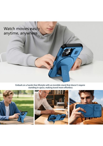 iPhone 16 Için Manyetik Kılıf, Kayar Kamera Korumalı Çift Katmanlı Darbeye Dayanıklı Telefon Kılıfı, Ayarlanabilir Stand, Mavi (Yurt Dışından) indirimleri