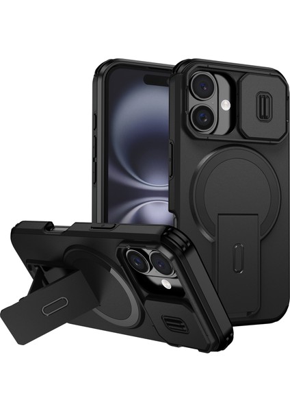 iPhone 16 Için Manyetik Kılıf, Kayar Kamera Korumalı Çift Katmanlı Darbeye Dayanıklı Telefon Kılıfı, Ayarlanabilir Stand, Siyah (Yurt Dışından)