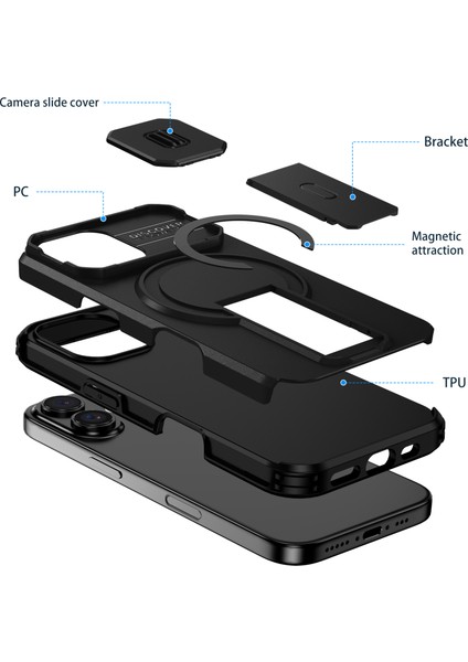 iPhone 16 Için Manyetik Kılıf, Kayar Kamera Korumalı Çift Katmanlı Darbeye Dayanıklı Telefon Kılıfı, Ayarlanabilir Stand, Siyah (Yurt Dışından) fiyatları